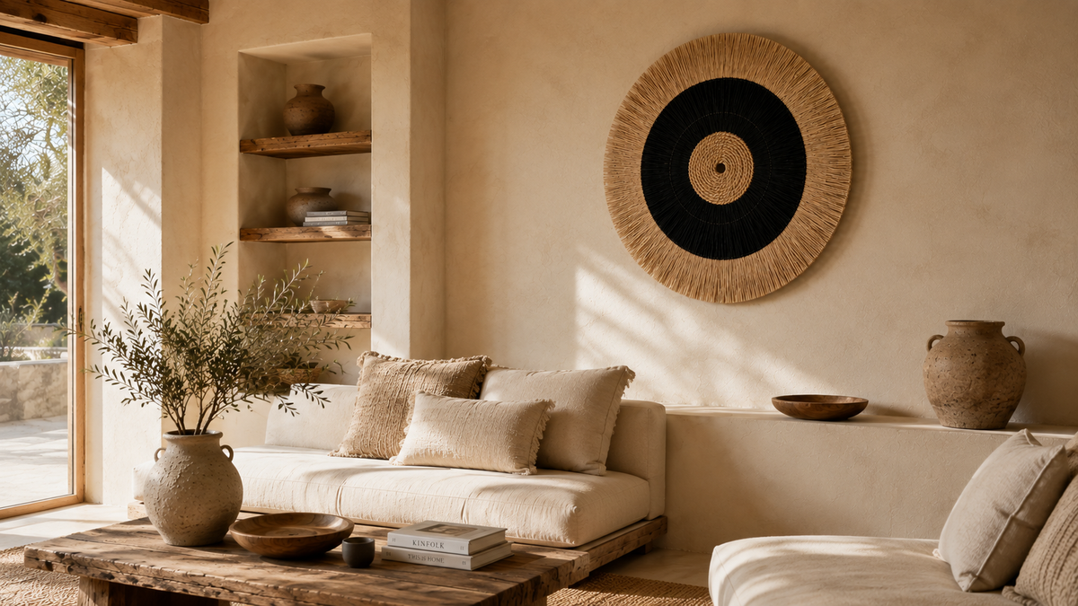 Intérieur méditerranéen avec décoration murale Amazonia en fibres naturelles