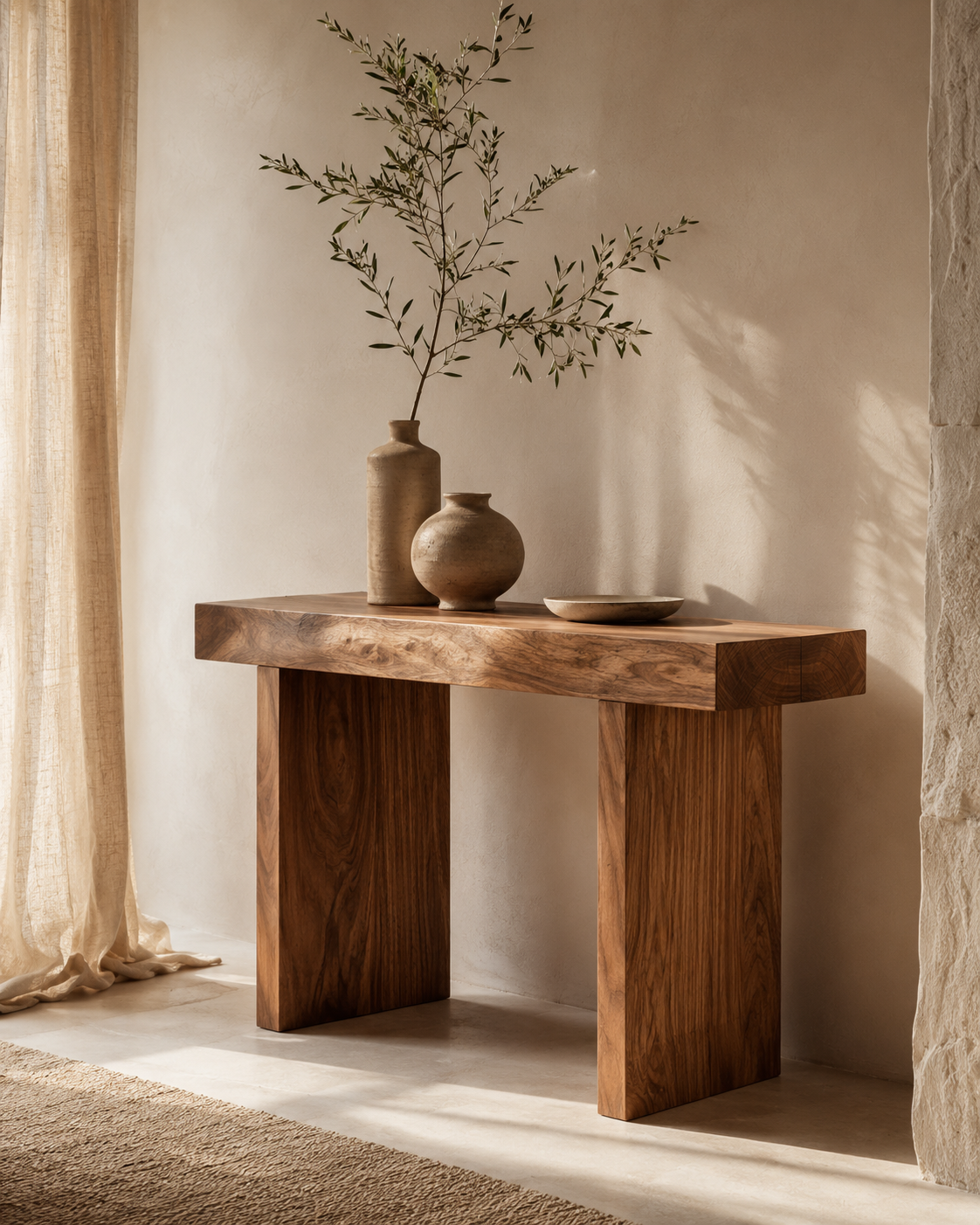Console en bois naturel dans un intérieur méditerranéen avec céramiques et textiles écrus