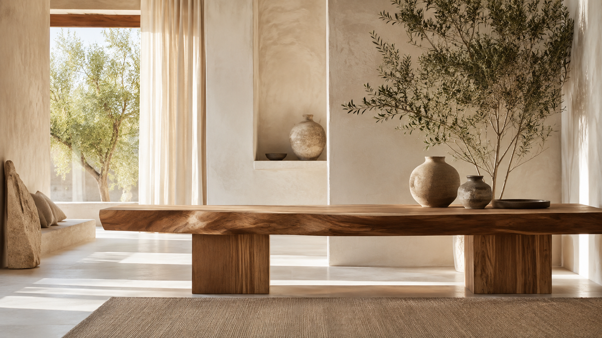 Salon méditerranéen chaleureux avec mobilier en bois naturel, lin, pierre claire et céramiques