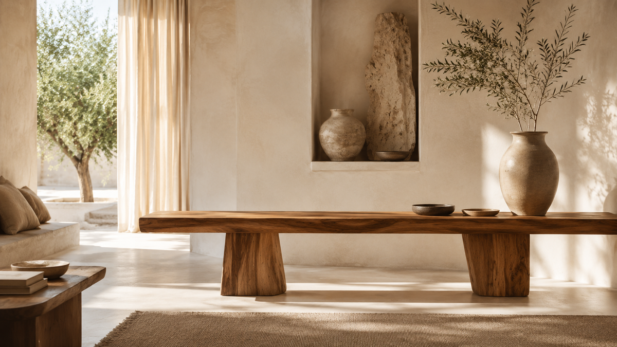 Intérieur méditerranéen lumineux avec grande table en bois naturel et céramiques aux tons chauds