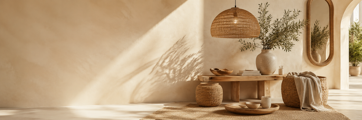Intérieur naturel avec suspension en rotin tressé, miroir ovale rattan, plante en vase en grès, panier en osier et plaid