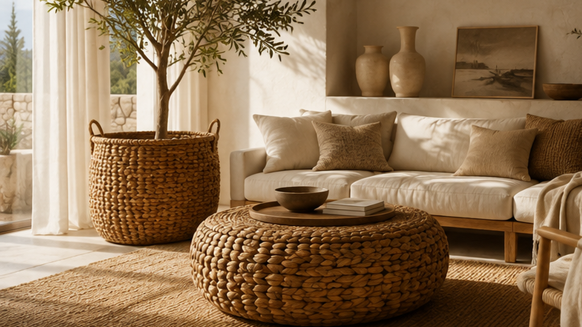 Salon méditerranéen lumineux avec pouf et paniers en jacinthe d'eau et mobilier en bois naturel
