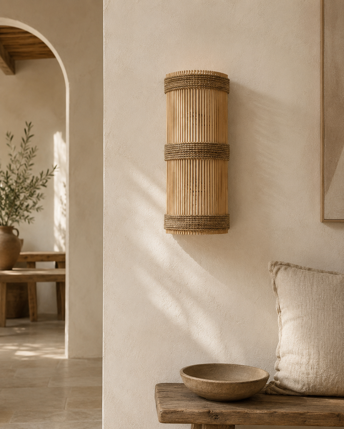 Applique murale Jalal en rotin dans un intérieur méditerranéen naturel