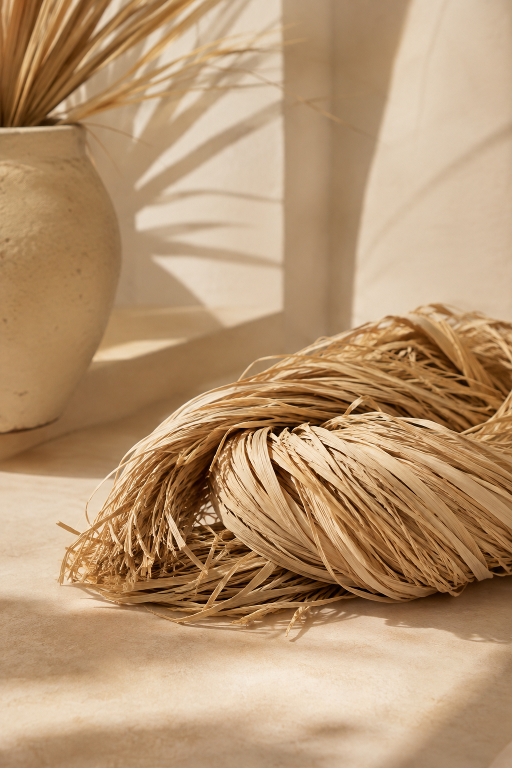 Écheveau de fibres de raphia naturel, matière utilisée par Nis Naturo