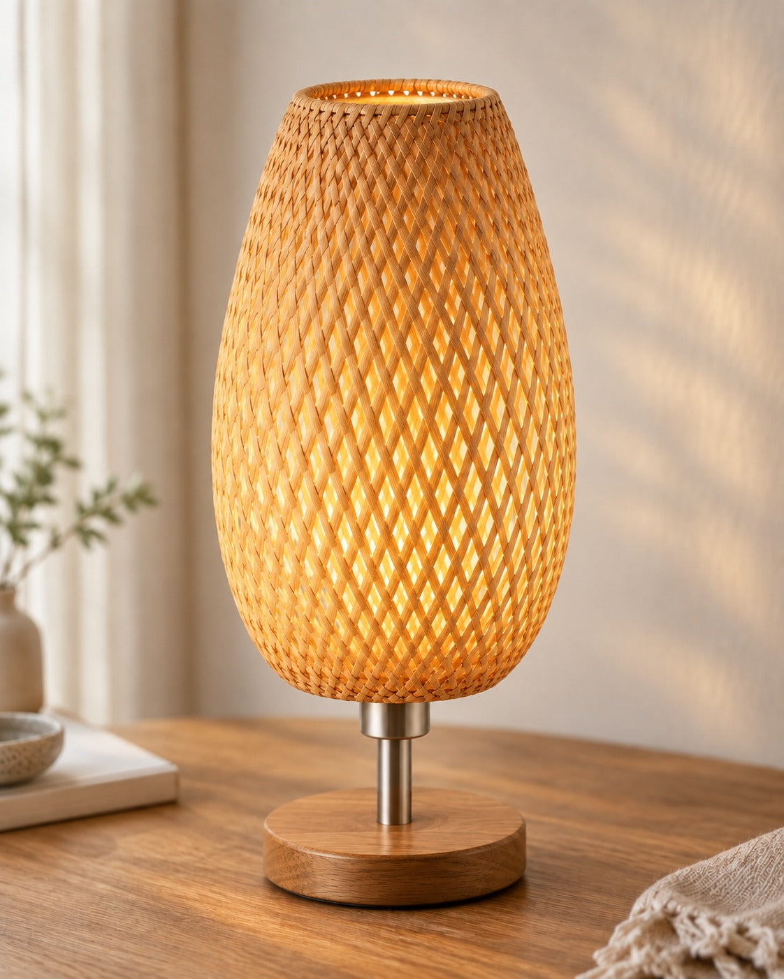 Détail du maillage diagonal de l'abat-jour de la lampe Talia, posée sur un plateau en bois