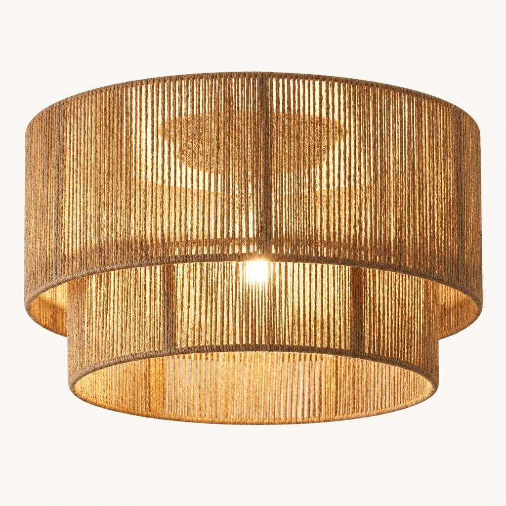 Luminaire de plafond Duna, double tambour ceinturé de corde de chanvre, vue de face