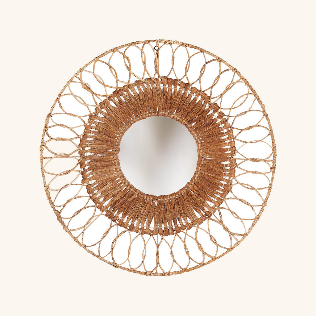 Miroir Montezuma rond, couronne de boucles tressées autour d'un anneau de fibres