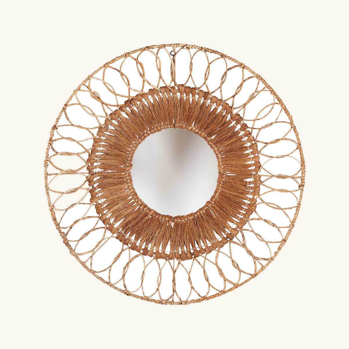 Miroir Montezuma rond, couronne de boucles tressées autour d'un anneau de fibres