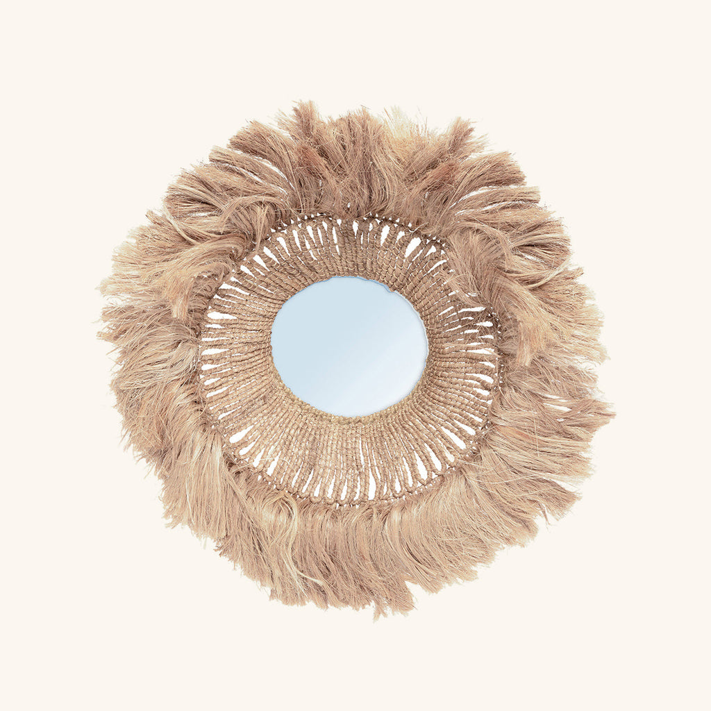 Miroir Salomon rond, couronne de fibres tressées et frange dense autour du verre