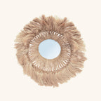 Miroir Salomon rond, couronne de fibres tressées et frange dense autour du verre