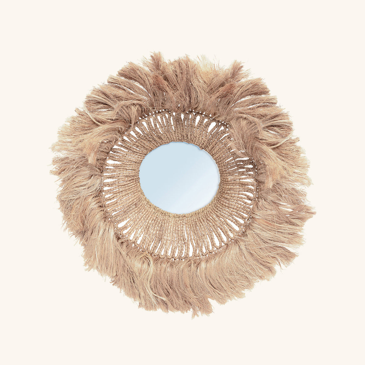 Miroir Salomon rond, couronne de fibres tressées et frange dense autour du verre