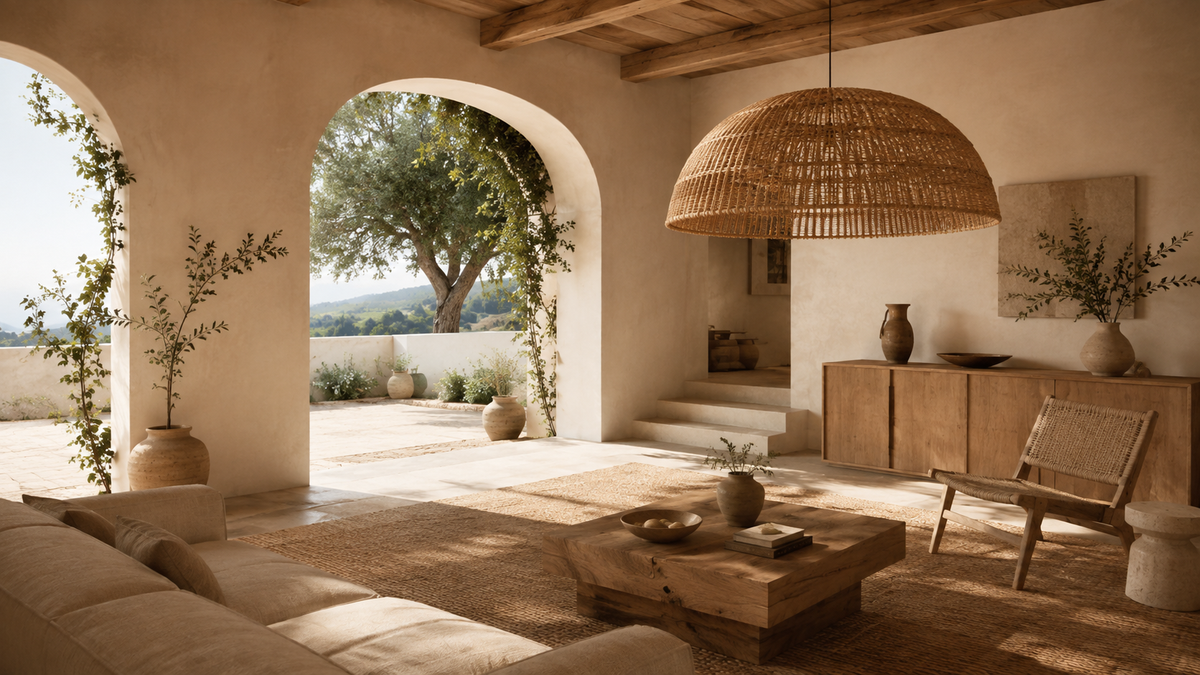 Salle à manger méditerranéenne lumineuse avec suspension en raphia et mobilier en bois naturel