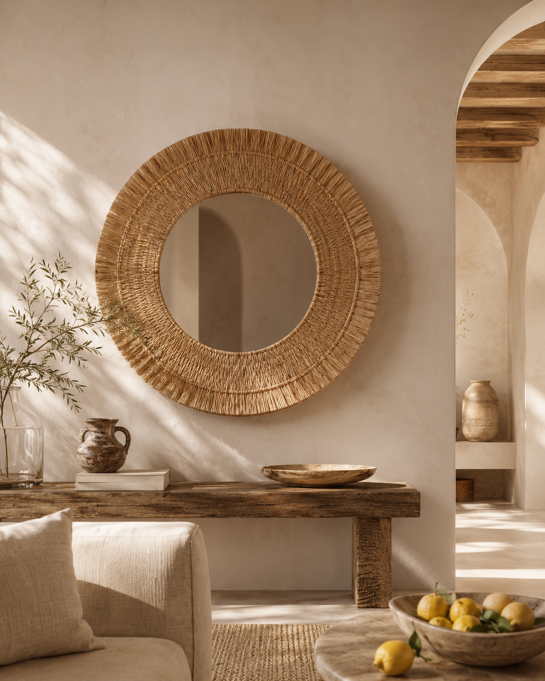Miroir rond en raphia dans un intérieur méditerranéen aux tons naturels