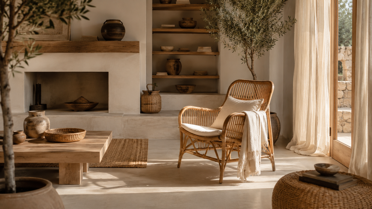 Salon chaleureux associant rotin, bois naturel et textiles en lin