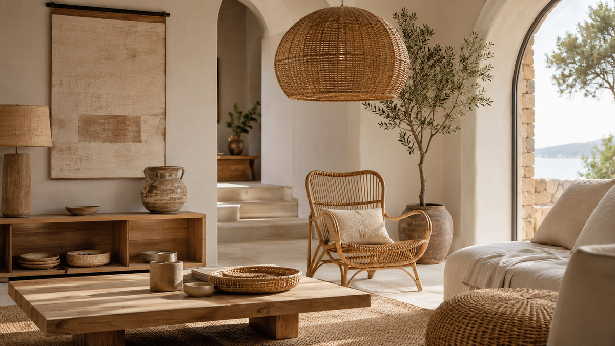 Intérieur méditerranéen haut de gamme décoré de mobilier en rotin naturel