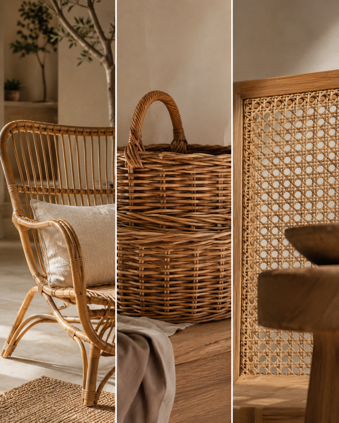 Comparaison visuelle entre rotin, osier et cannage dans une décoration naturelle