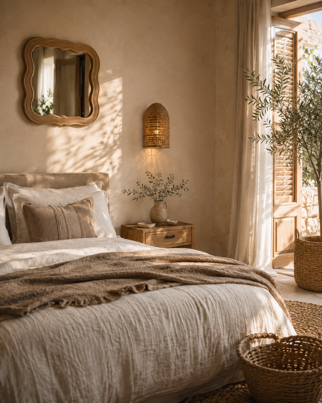 Chambre aux matières naturelles : bois clair, fibres tressées et textiles écrus