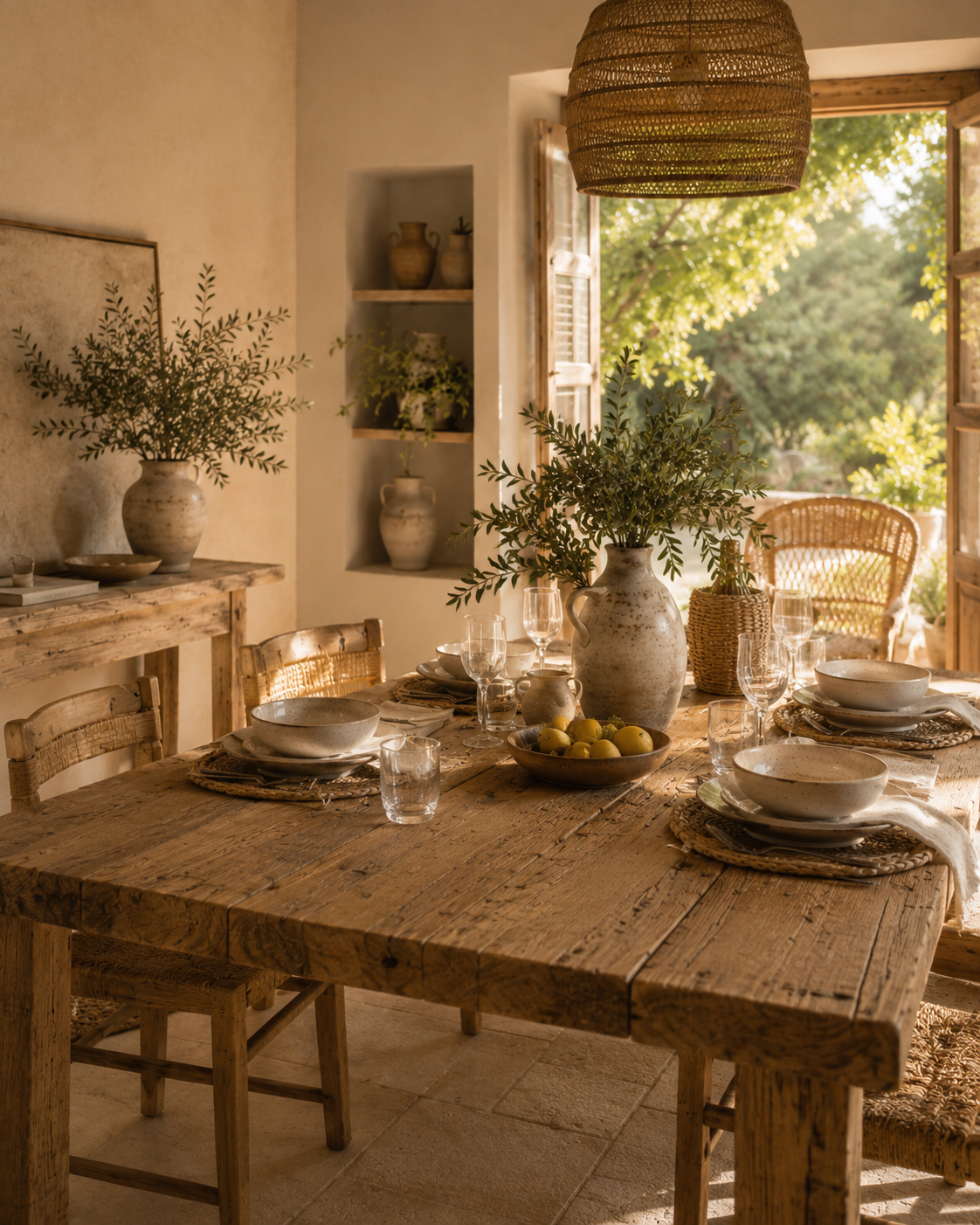 Table méditerranéenne dressée avec céramique artisanale et fibres naturelles
